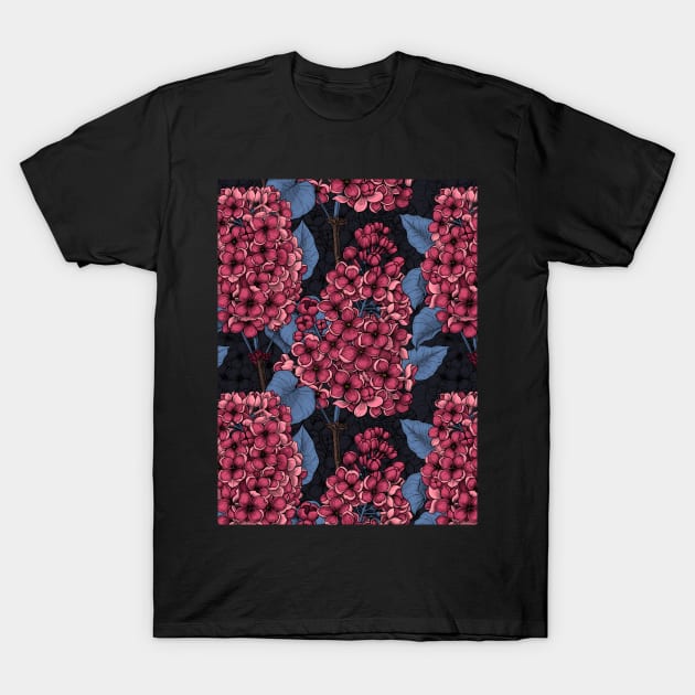 Red lilac on a dark background T-Shirt by katerinamk